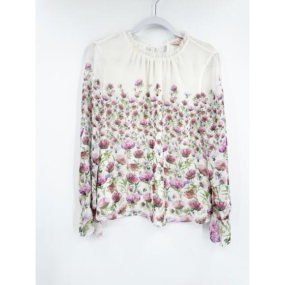 Ted Baker Luceal Ivory Pink Thistle Floral Print Long Sleeve Blouse Size 4/Large - Picture 3 of 7